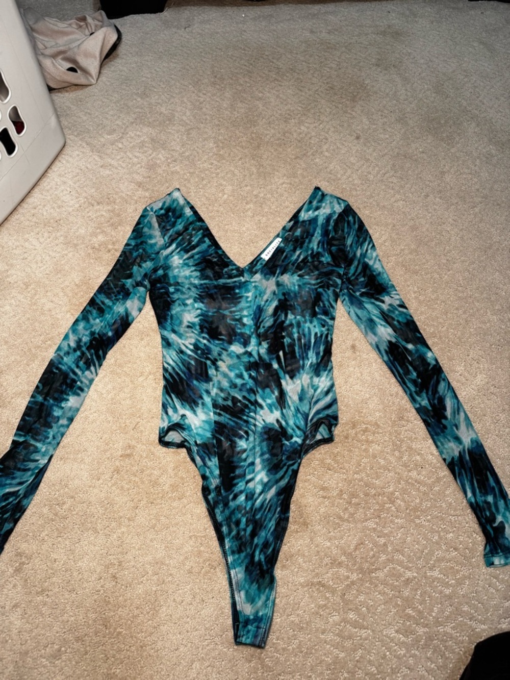 Women’s Long-Sleeve Tie-Dye One-Piece Bodysuit - Teal/Black - Medium
